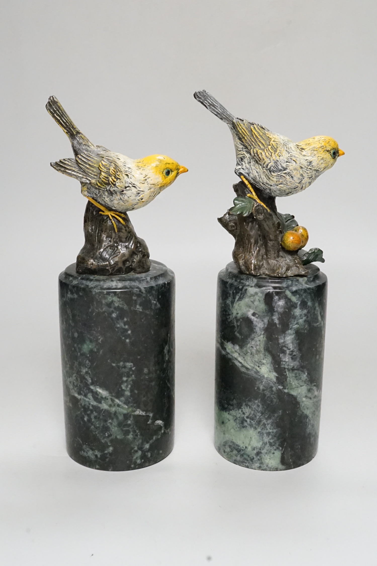 Miguel Ferdinand Lopez (Milo). A pair of cold painted bronze yellow birds on marble plinth, signed, 23cm